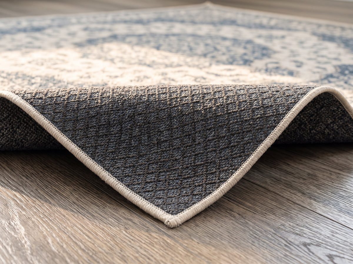 The corner of the rug folded back, showing the woven non-slip backing and the bound edge.