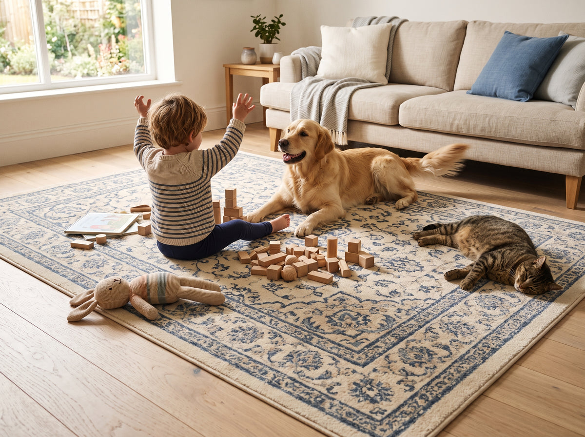 A dog resting on the rug in a living room.