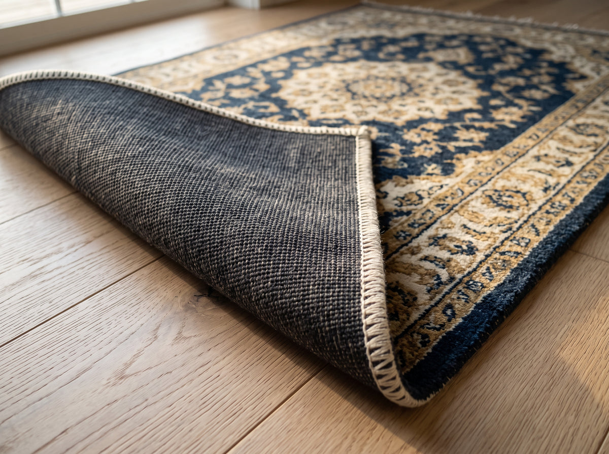 The corner of the rug folded back on a wood floor, showing the woven backing and the bound edge.