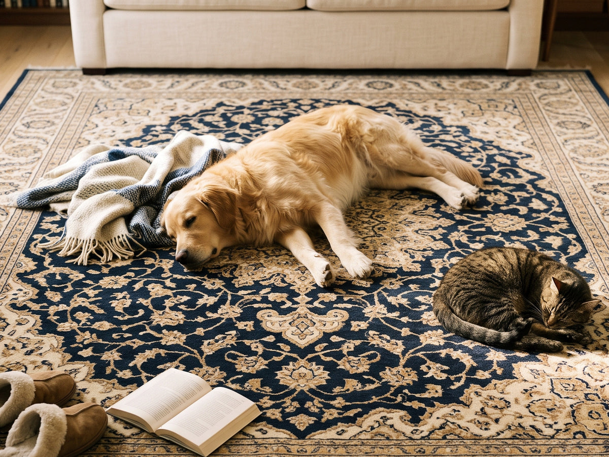 A dog and a cat asleep on the rug in a living room, with slippers and an open book beside them.
