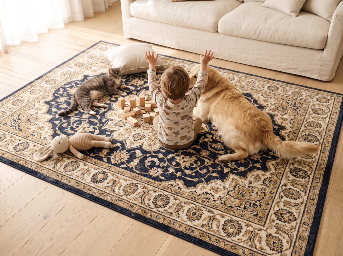 A child playing on the rug with a dog and a cat beside them.