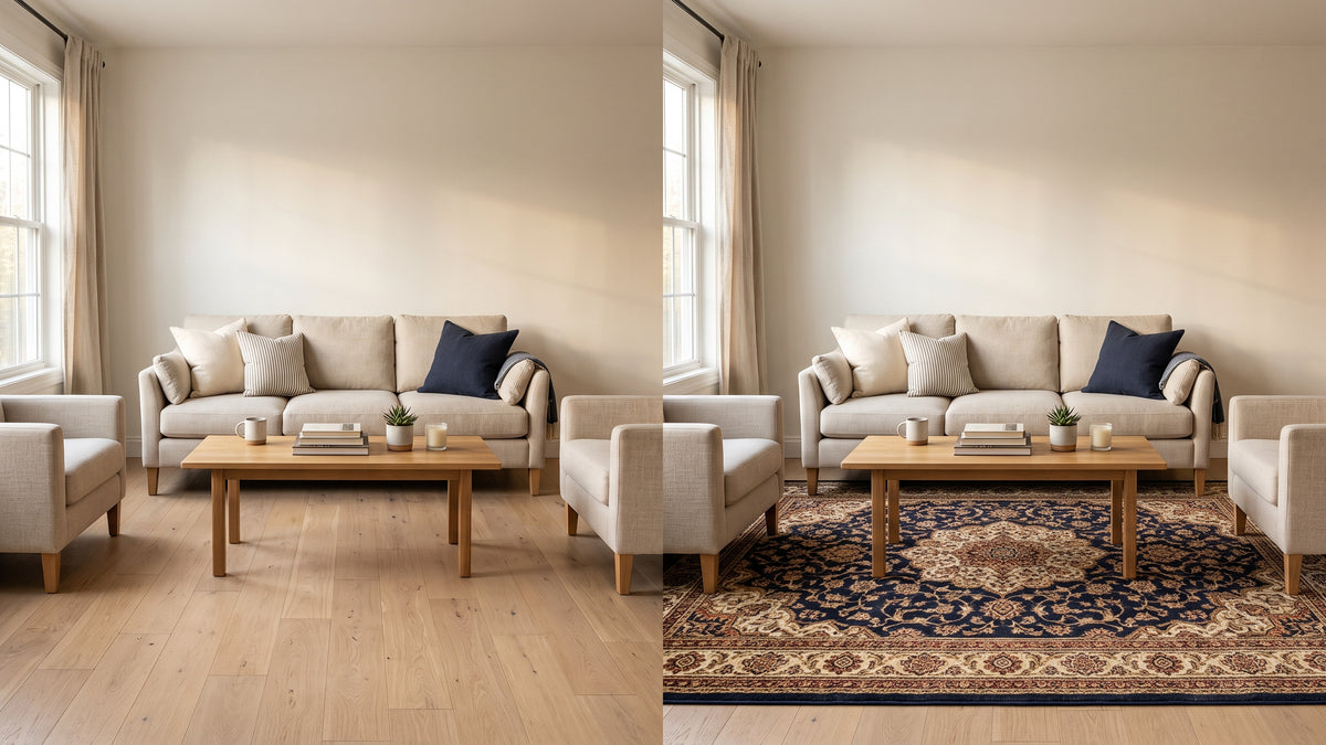 The same living room photographed twice. On the left a bare pale wood floor between a cream sofa and two armchairs; on the right the identical room with a navy and cream Persian rug laid under the coffee table.