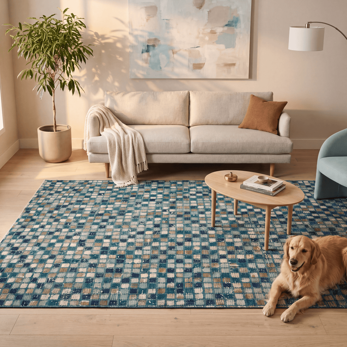 A dog resting on the rug in a living room.