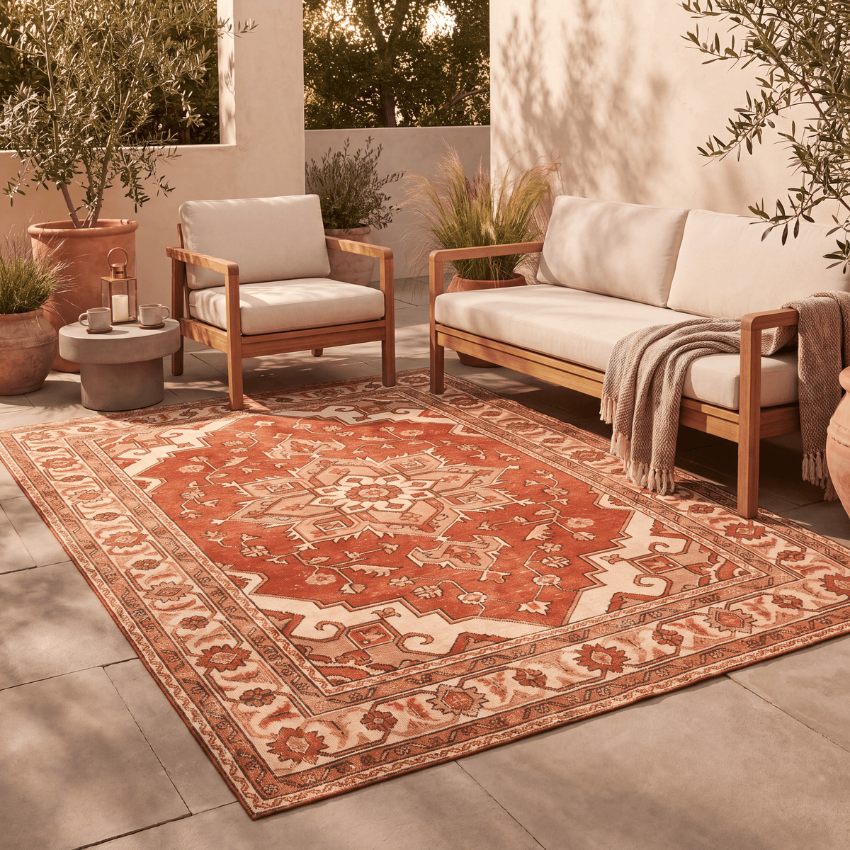 The rug laid flat on a patio beside outdoor seating.