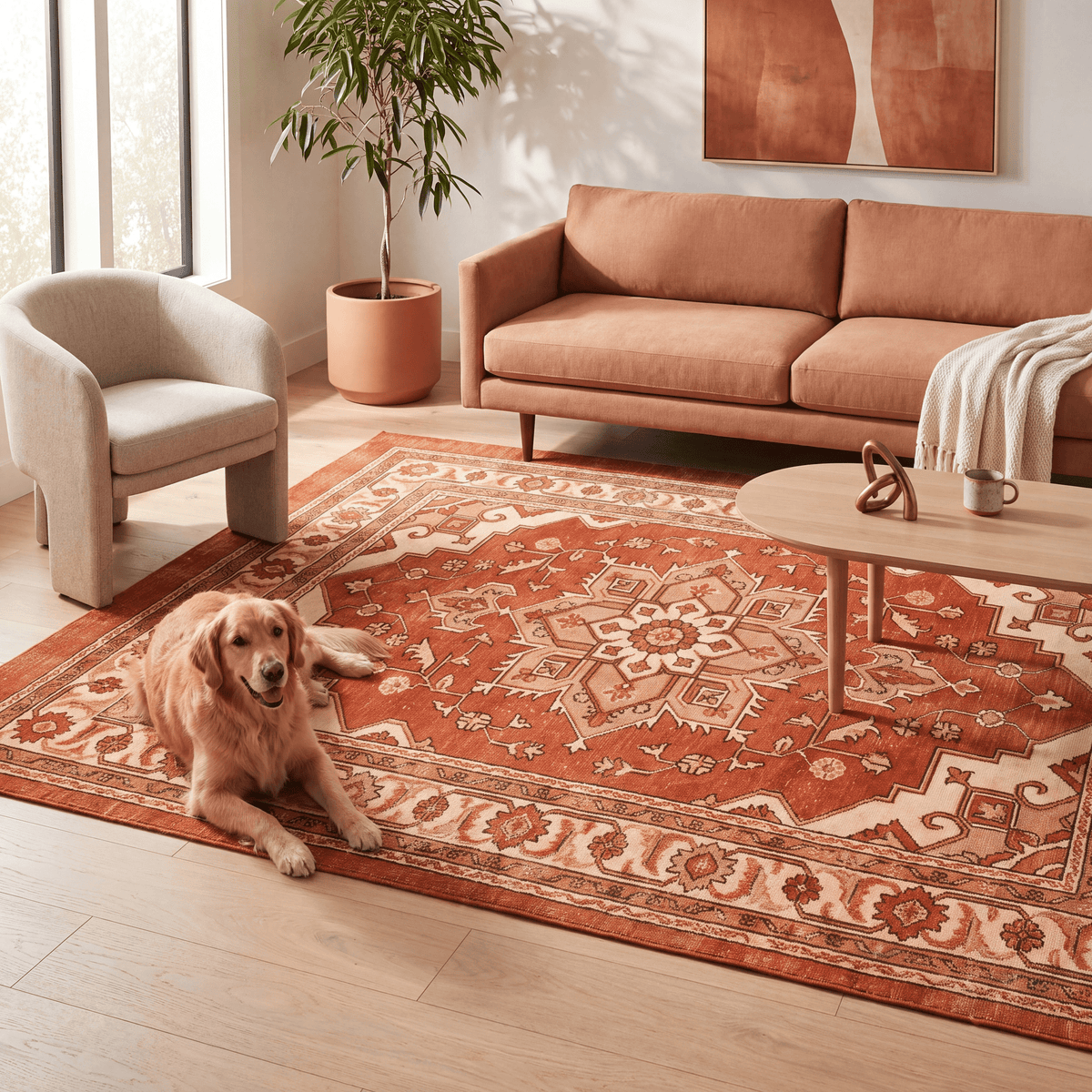 A dog resting on the rug in a living room.