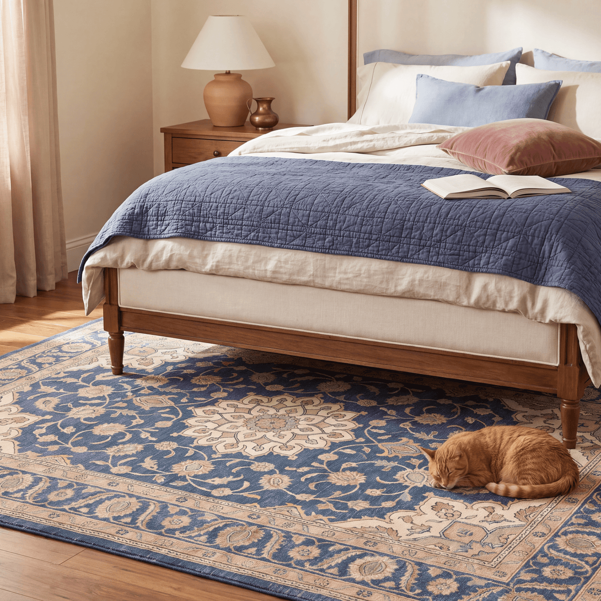 The rug at the foot of a bed with a cat asleep on it.