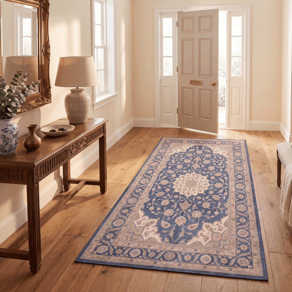 Atoll2 Traditional Medallion Border Navy Cream Faded Washable Indoor Outdoor Entryway Rug - RugzellaDigital Print RugRugzellaRugzellaBBB392-RECT-24x47-60x120cmRGZLLA113786Rectangle2' x 3'11" (60x120 cm)RUNNER | Atoll2 runner entryway