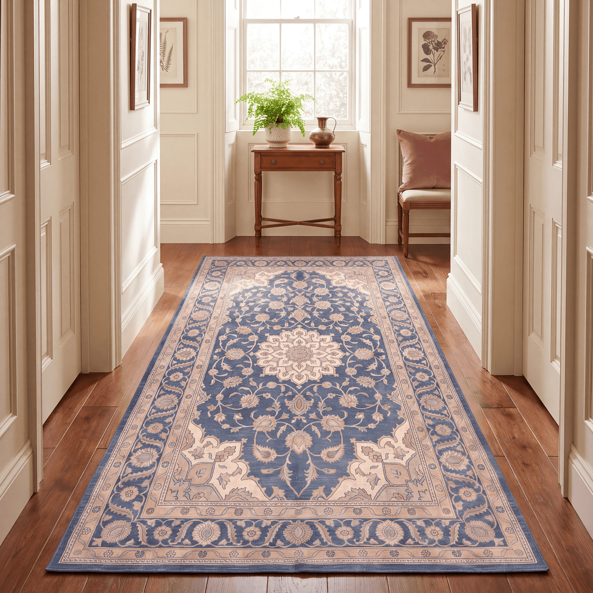 Atoll2 Traditional Medallion Border Navy Cream Faded Washable Indoor Outdoor Entryway Rug - RugzellaDigital Print RugRugzellaRugzellaBBB392-RECT-24x47-60x120cmRGZLLA113786Rectangle2' x 3'11" (60x120 cm)RUNNER | Atoll2 runner hallway