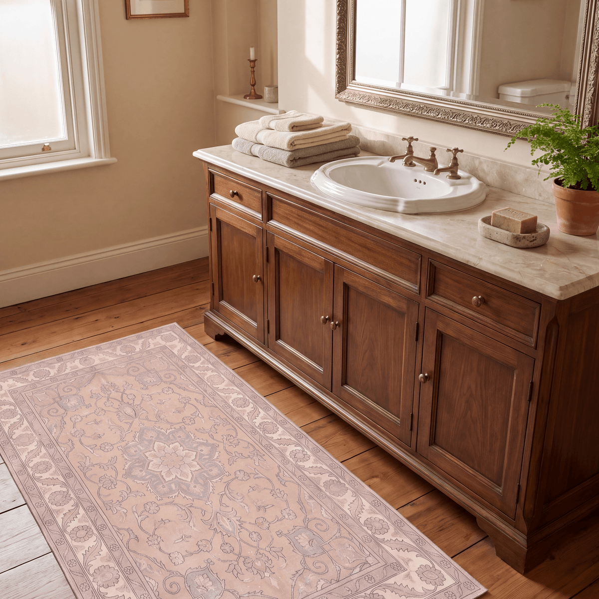 Atrium2 Distressed Medallion Traditional Vintage Style Beige Grey Blush Cream Washable Indoor Outdoor Rug - RugzellaDigital Print RugRugzellaRugzellaBBB404-RECT-24x47-60x120cmRGZLLA117136Rectangle2' x 3'11" (60x120 cm)RUNNER | Atrium2 runner bathroom