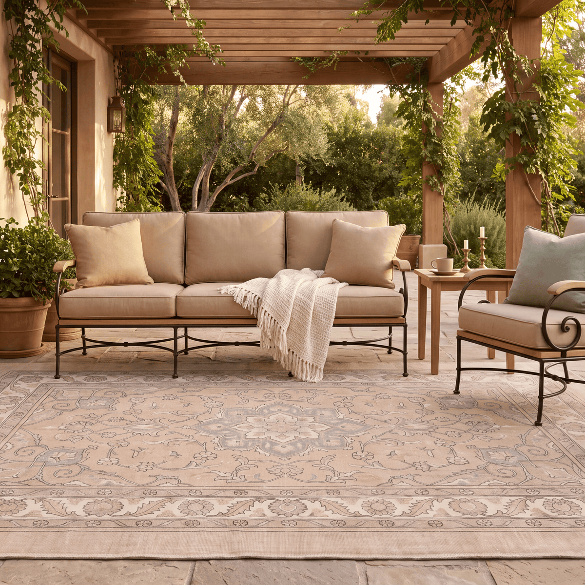 The rug laid flat on a patio beside outdoor seating.