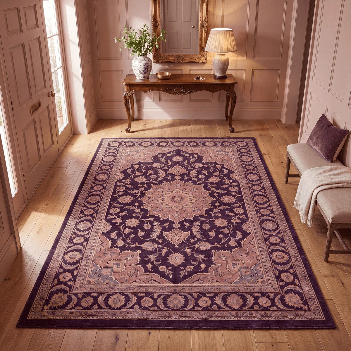 Avens Traditional Overdyed Medallion Aubergine Rose Ivory Washable Indoor Outdoor Entryway Rug - RugzellaDigital Print RugRugzellaRugzellaBBB491-RECT-24x47-60x120cmRGZLLA148626Rectangle2' x 3'11" (60x120 cm)RECTANGLE | Avens rectangle entryway