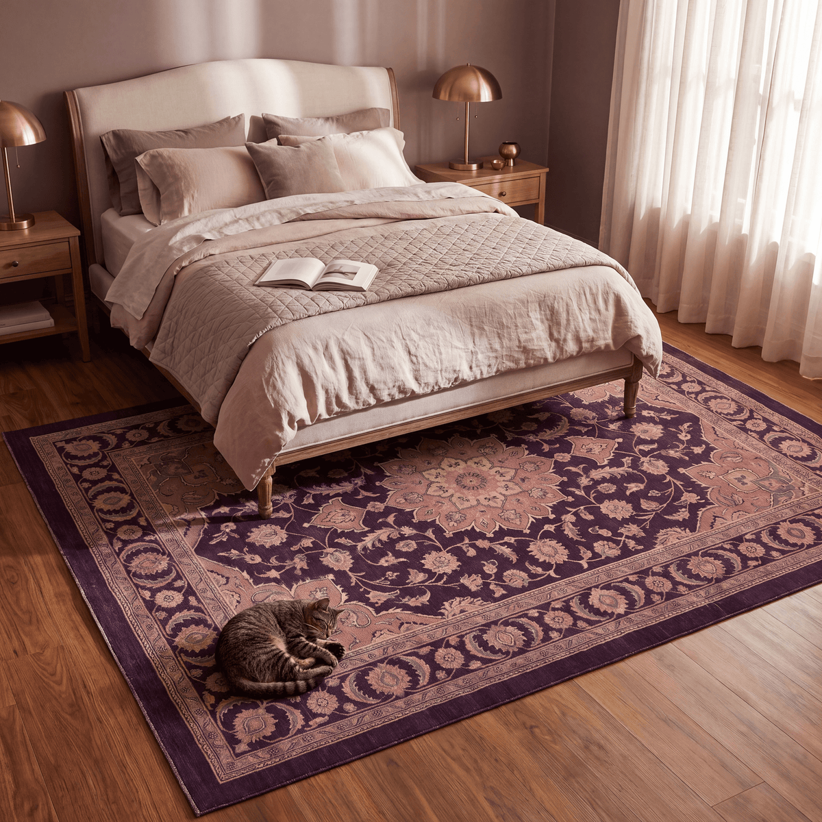 The rug at the foot of a bed with a cat asleep on it.