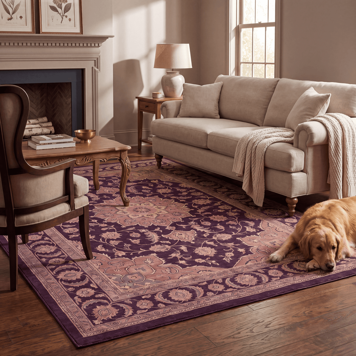 A dog resting on the rug in a living room.