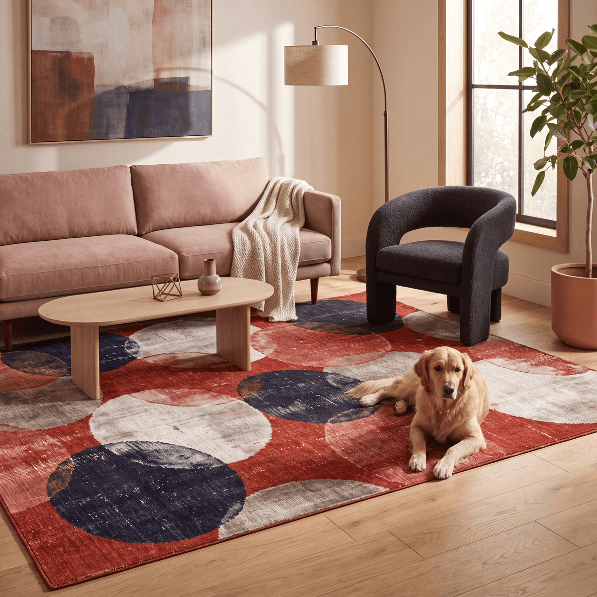 A dog resting on the rug in a living room.