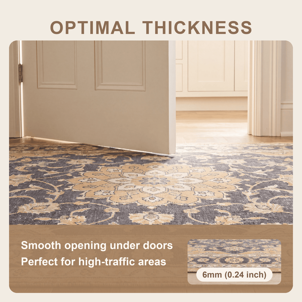 Barberry Distressed Medallion Traditional Mustard Charcoal Ivory Washable Indoor Outdoor Entryway Rug - RugzellaDigital Print RugRugzellaRugzellaBBB493-RECT-24x47-60x120cmRGZLLA149296Rectangle2' x 3'11" (60x120 cm)SHARED | Barberry feature thickness