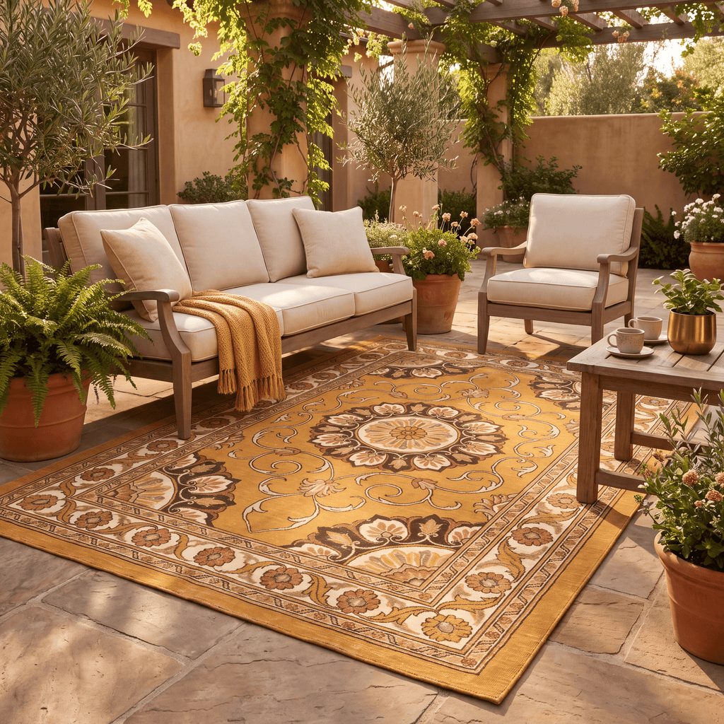 Bayleaf Traditional Medallion Border Persian Style Saffron Gold Ivory Washable Indoor Outdoor Entryway Rug - RugzellaDigital Print RugRugzellaRugzellaBBB494-RECT-24x47-60x120cmRGZLLA149631Rectangle2' x 3'11" (60x120 cm)RECTANGLE | Bayleaf rectangle outdoor