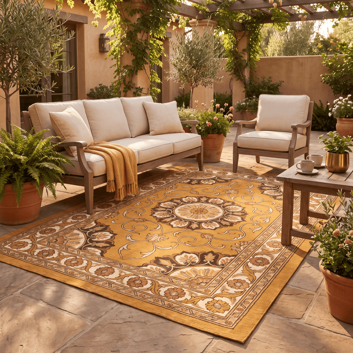 The rug laid flat on a patio beside outdoor seating.
