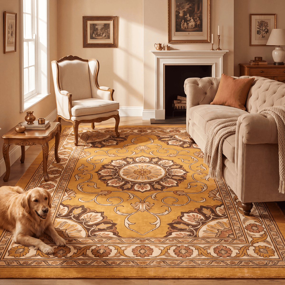 A dog resting on the rug in a living room.