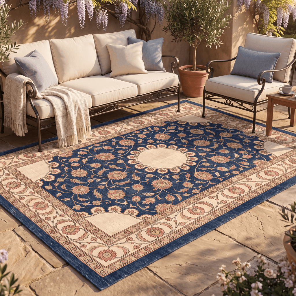 Beacon2 Traditional Medallion Border Persian Style Indigo Ivory Red Washable Indoor Outdoor Entryway Rug - RugzellaDigital Print RugRugzellaRugzellaBBB384-RECT-24x47-60x120cmRGZLLA111776Rectangle2' x 3'11" (60x120 cm)RECTANGLE | Beacon2 rectangle outdoor