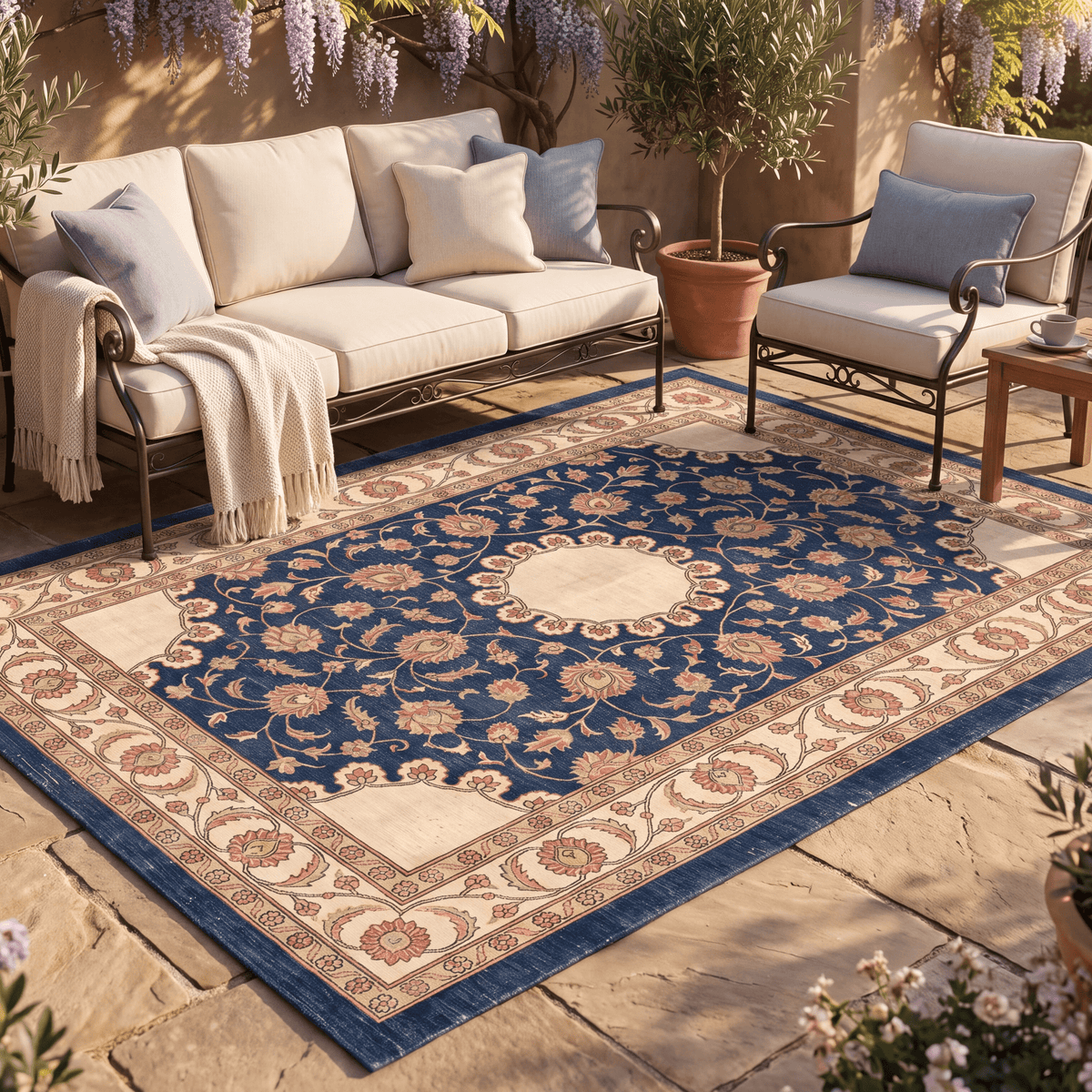The rug laid flat on a patio beside outdoor seating.