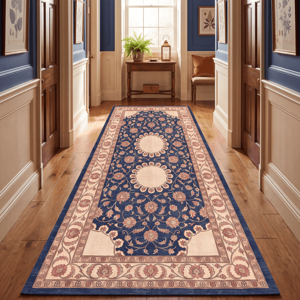 Beacon2 Traditional Medallion Border Persian Style Indigo Ivory Red Washable Indoor Outdoor Entryway Rug - RugzellaDigital Print RugRugzellaRugzellaBBB384-RECT-24x47-60x120cmRGZLLA111776Rectangle2' x 3'11" (60x120 cm)RUNNER | Beacon2 runner hallway