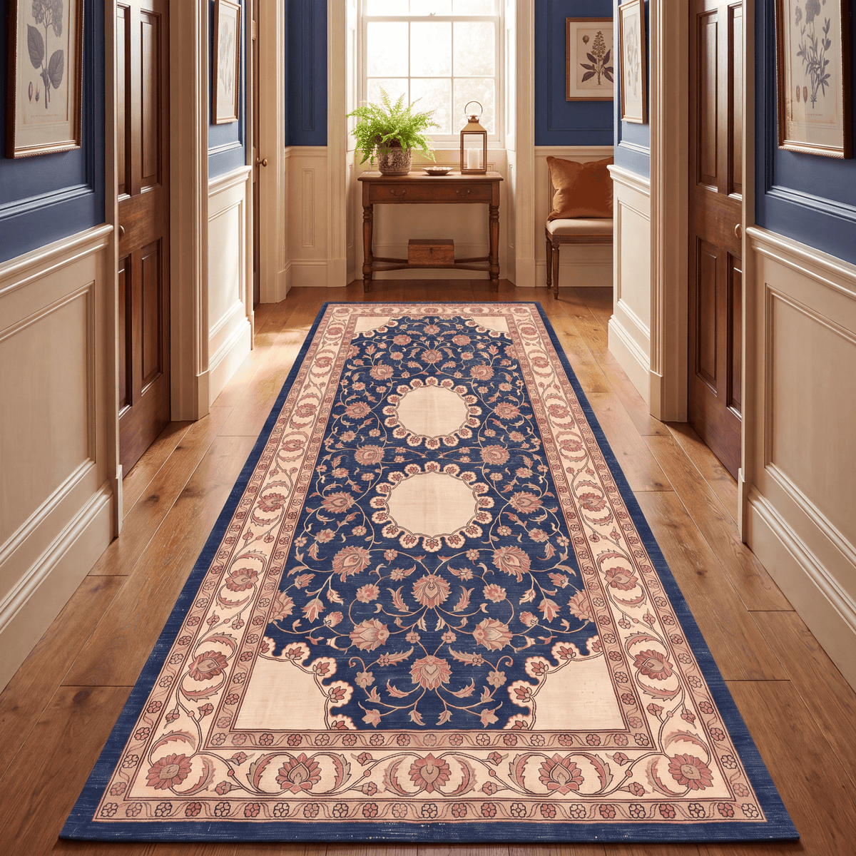 Beacon2 Traditional Medallion Border Persian Style Indigo Ivory Red Washable Indoor Outdoor Entryway Rug - RugzellaDigital Print RugRugzellaRugzellaBBB384-RECT-24x47-60x120cmRGZLLA111776Rectangle2' x 3'11" (60x120 cm)RUNNER | Beacon2 runner hallway