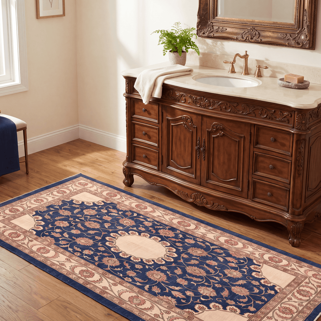 Beacon2 Traditional Medallion Border Persian Style Indigo Ivory Red Washable Indoor Outdoor Entryway Rug - RugzellaDigital Print RugRugzellaRugzellaBBB384-RECT-24x47-60x120cmRGZLLA111776Rectangle2' x 3'11" (60x120 cm)RUNNER | Beacon2 runner bathroom