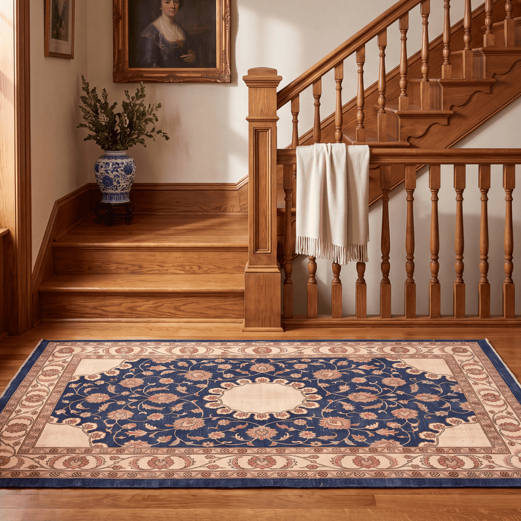 Beacon2 Traditional Medallion Border Persian Style Indigo Ivory Red Washable Indoor Outdoor Entryway Rug - RugzellaDigital Print RugRugzellaRugzellaBBB384-RECT-24x47-60x120cmRGZLLA111776Rectangle2' x 3'11" (60x120 cm)RUNNER | Beacon2 runner staircase