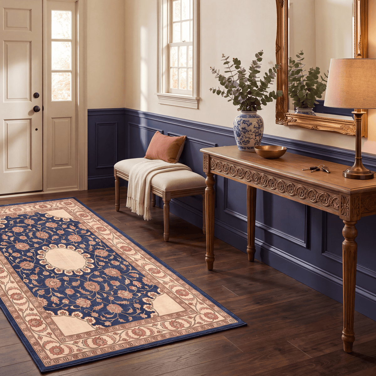 Beacon2 Traditional Medallion Border Persian Style Indigo Ivory Red Washable Indoor Outdoor Entryway Rug - RugzellaDigital Print RugRugzellaRugzellaBBB384-RECT-24x47-60x120cmRGZLLA111776Rectangle2' x 3'11" (60x120 cm)RUNNER | Beacon2 runner entryway