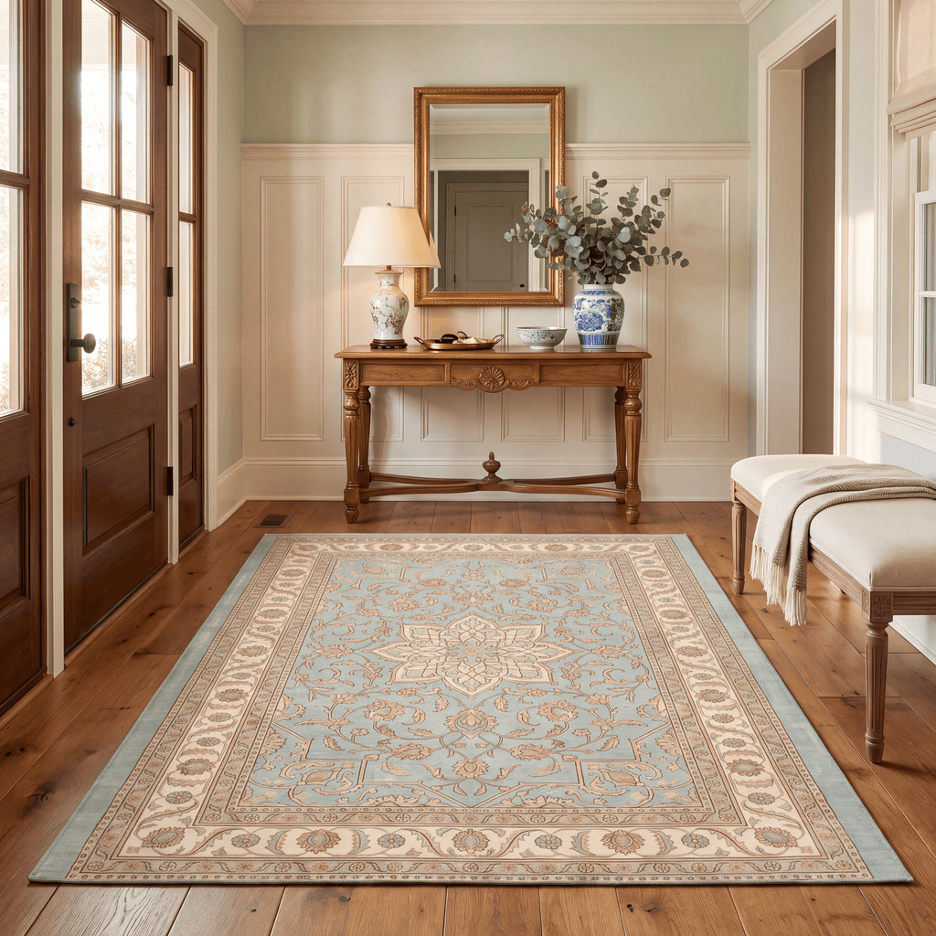 Beechnut Traditional Medallion Border Teal Ivory Rust Washable Indoor Outdoor Entryway Rug - RugzellaDigital Print RugRugzellaRugzellaBBB496-RECT-24x47-60x120cmRGZLLA150301Rectangle2' x 3'11" (60x120 cm)RECTANGLE | Beechnut rectangle entryway
