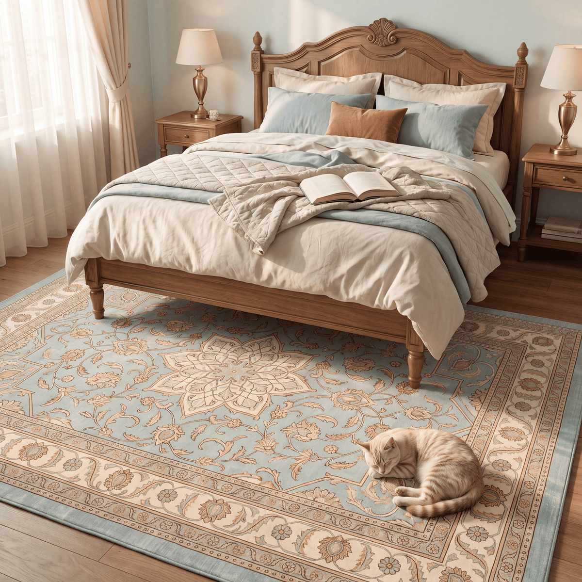 The rug at the foot of a bed with a cat asleep on it.