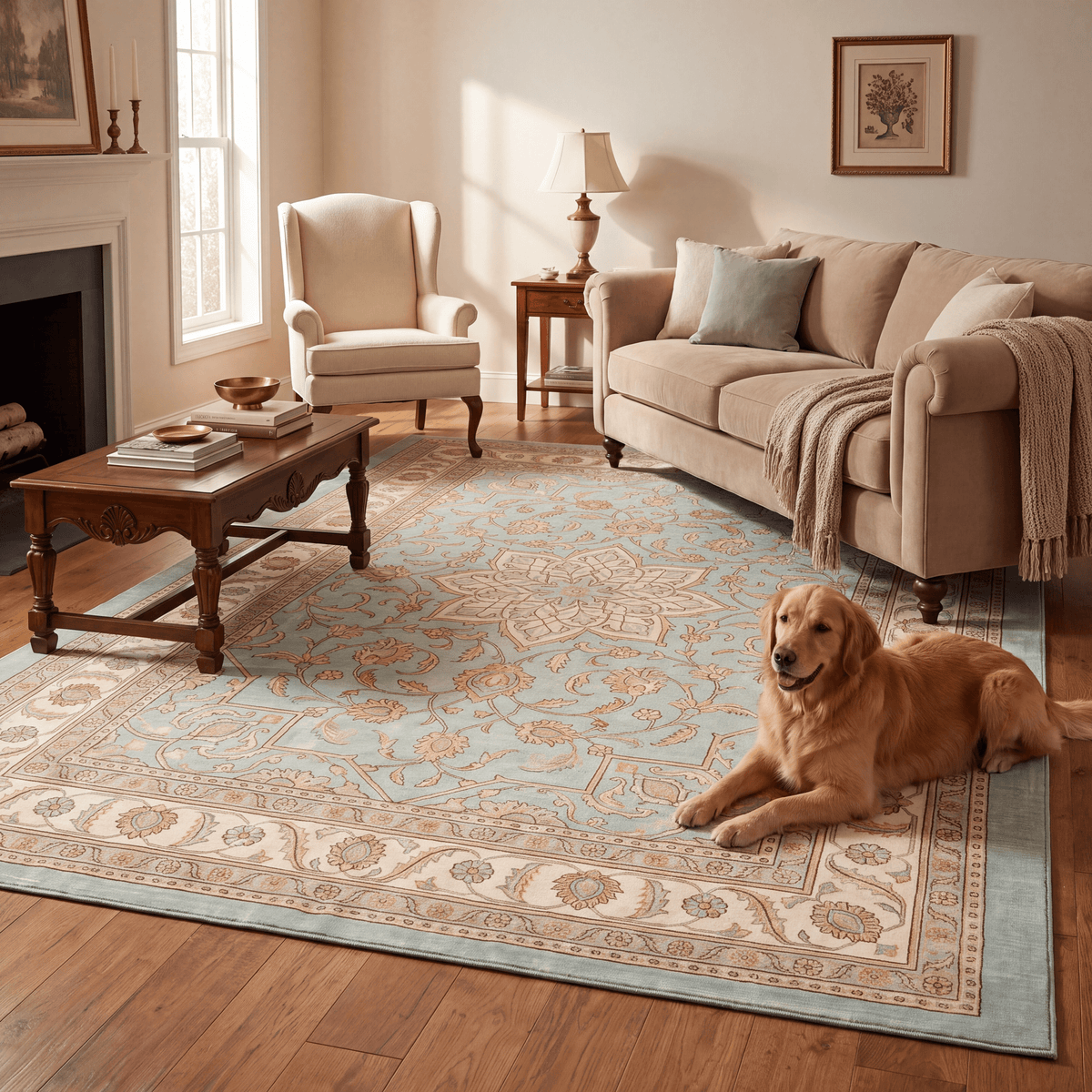 A dog resting on the rug in a living room.