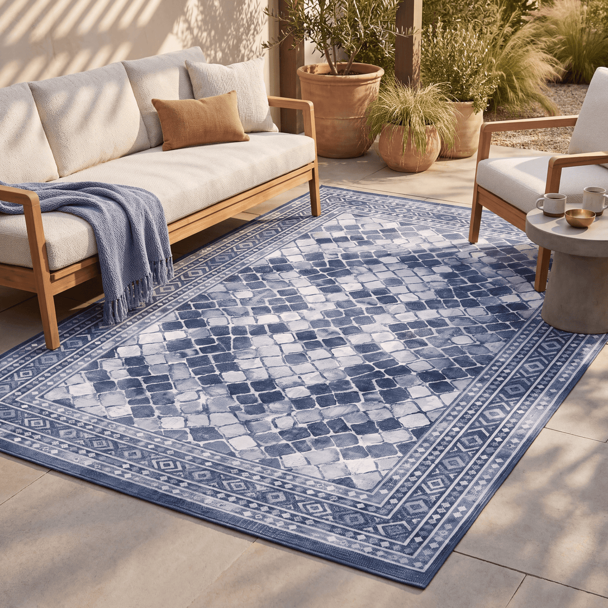 The rug laid flat on a patio beside outdoor seating.