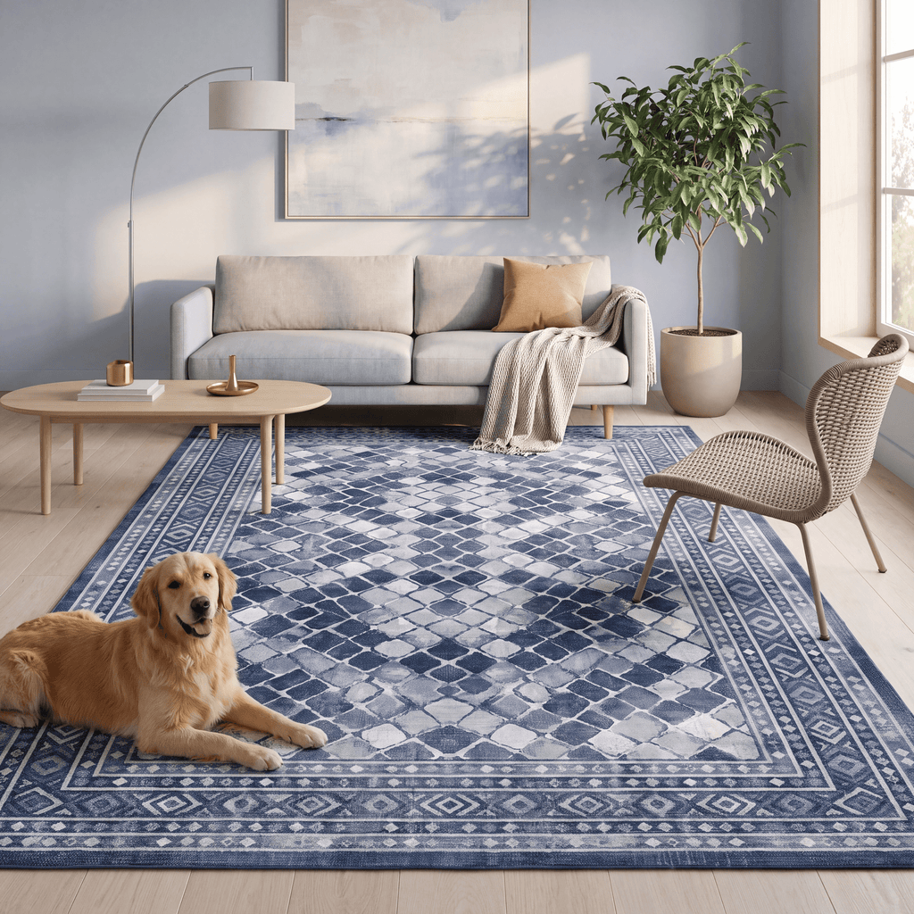 Bellflower Modern Speckled Mosaic Dot Indigo Blue Storm Gray Chalk White Washable Indoor Outdoor Entryway Rug - RugzellaDigital Print RugRugzellaRugzellaBBB497-RECT-24x47-60x120cmRGZLLA150636Rectangle2' x 3'11" (60x120 cm)RECTANGLE | Bellflower rectangle livingroom