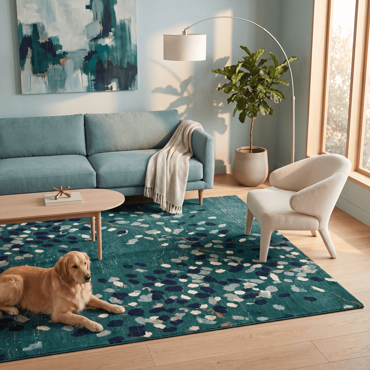 A dog resting on the rug in a living room.