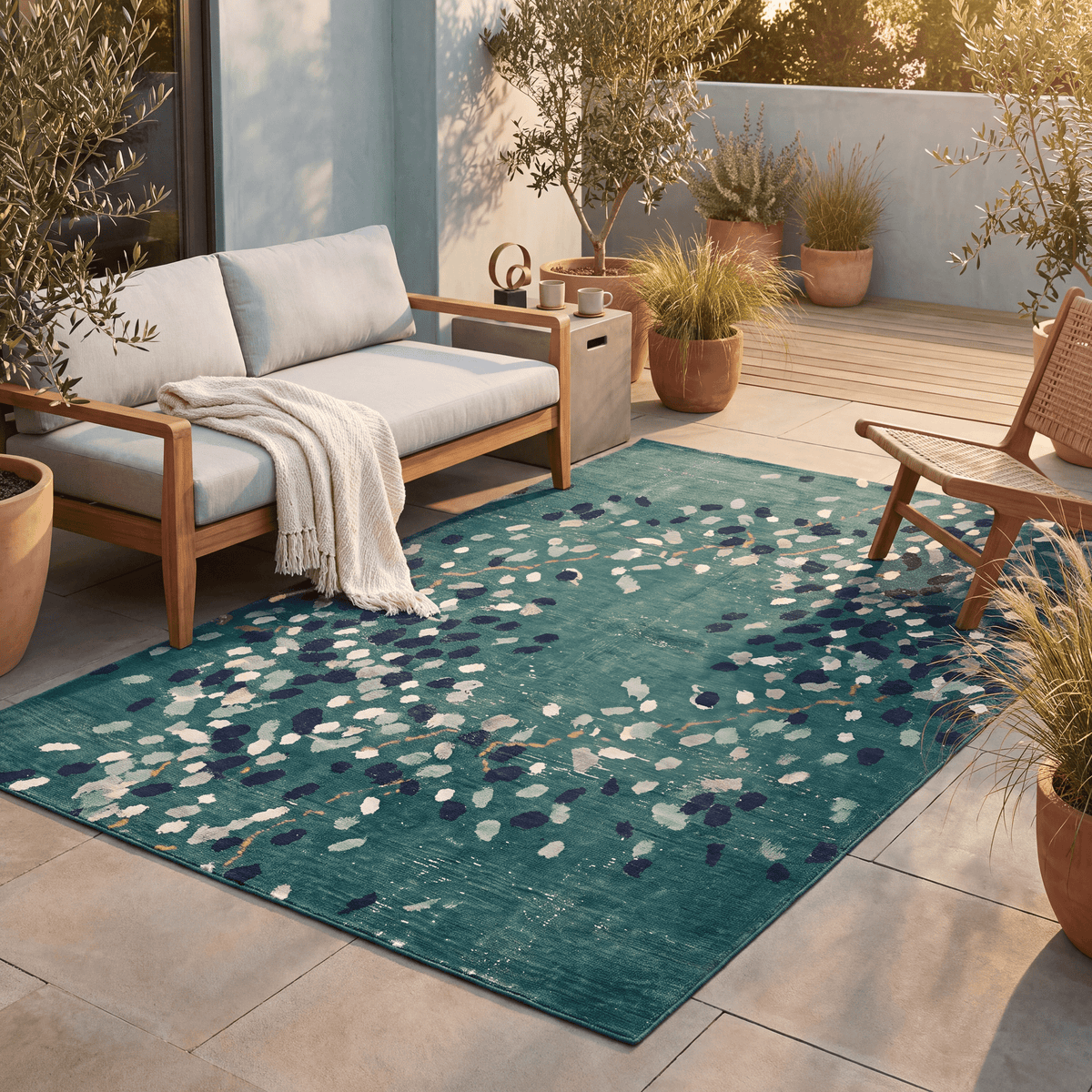 The rug laid flat on a patio beside outdoor seating.