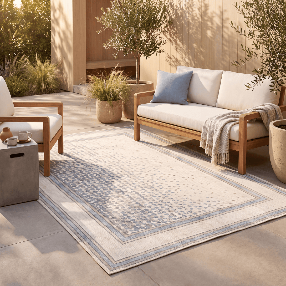 The rug laid flat on a patio beside outdoor seating.