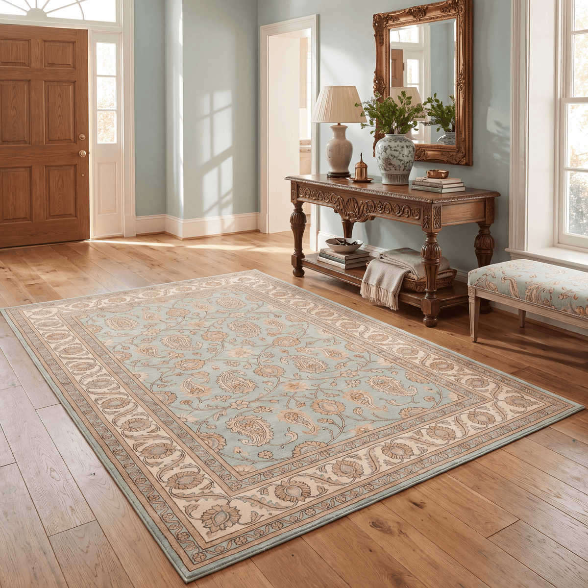 Bittercress Traditional All Over Floral Border Teal Ivory Rust Washable Indoor Outdoor Entryway Rug - RugzellaDigital Print RugRugzellaRugzellaBBB500-RECT-24x47-60x120cmRGZLLA151641Rectangle2' x 3'11" (60x120 cm)RECTANGLE | Bittercress rectangle entryway