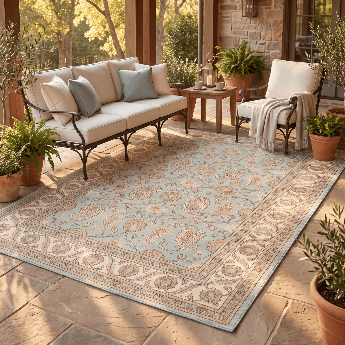 The rug laid flat on a patio beside outdoor seating.
