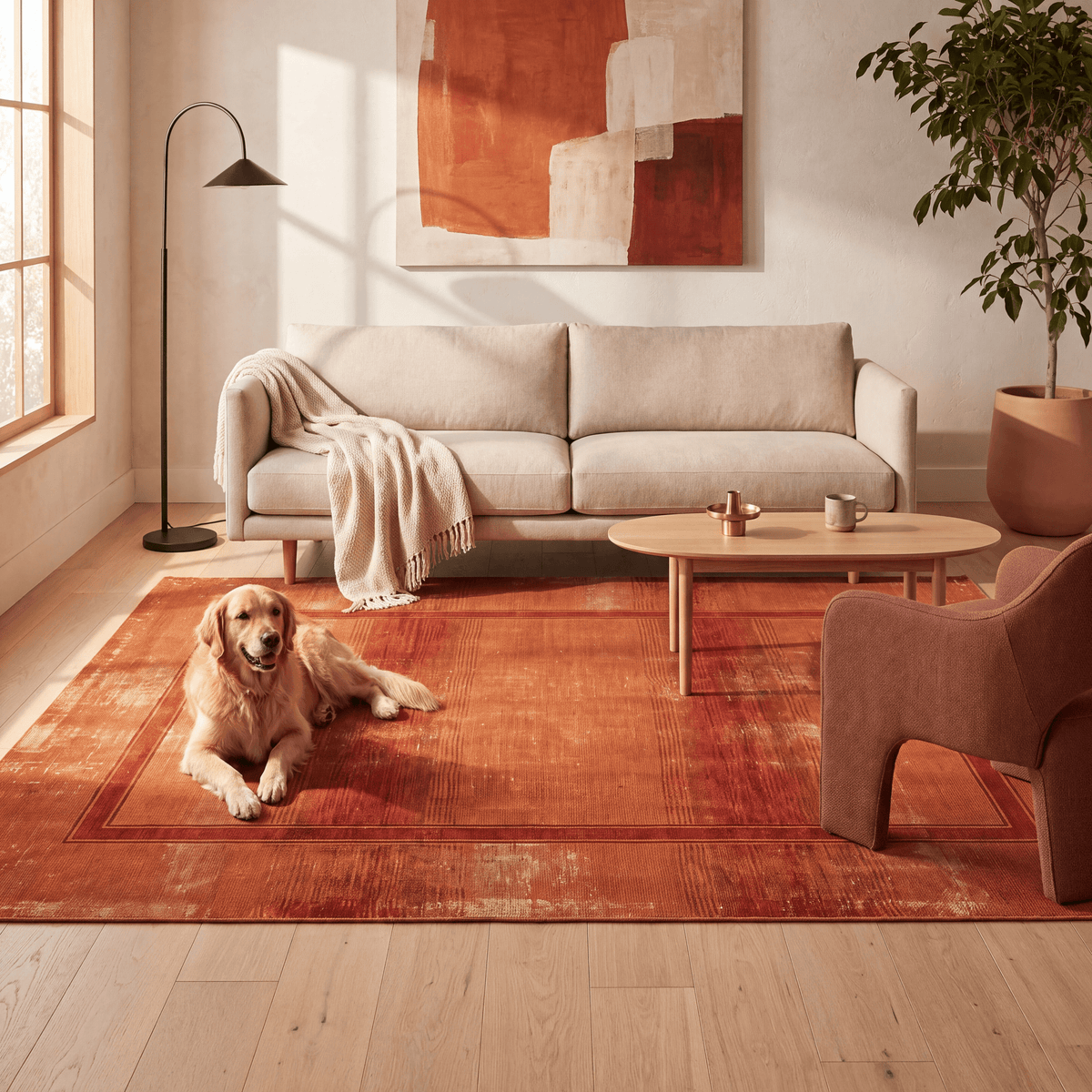 A dog resting on the rug in a living room.