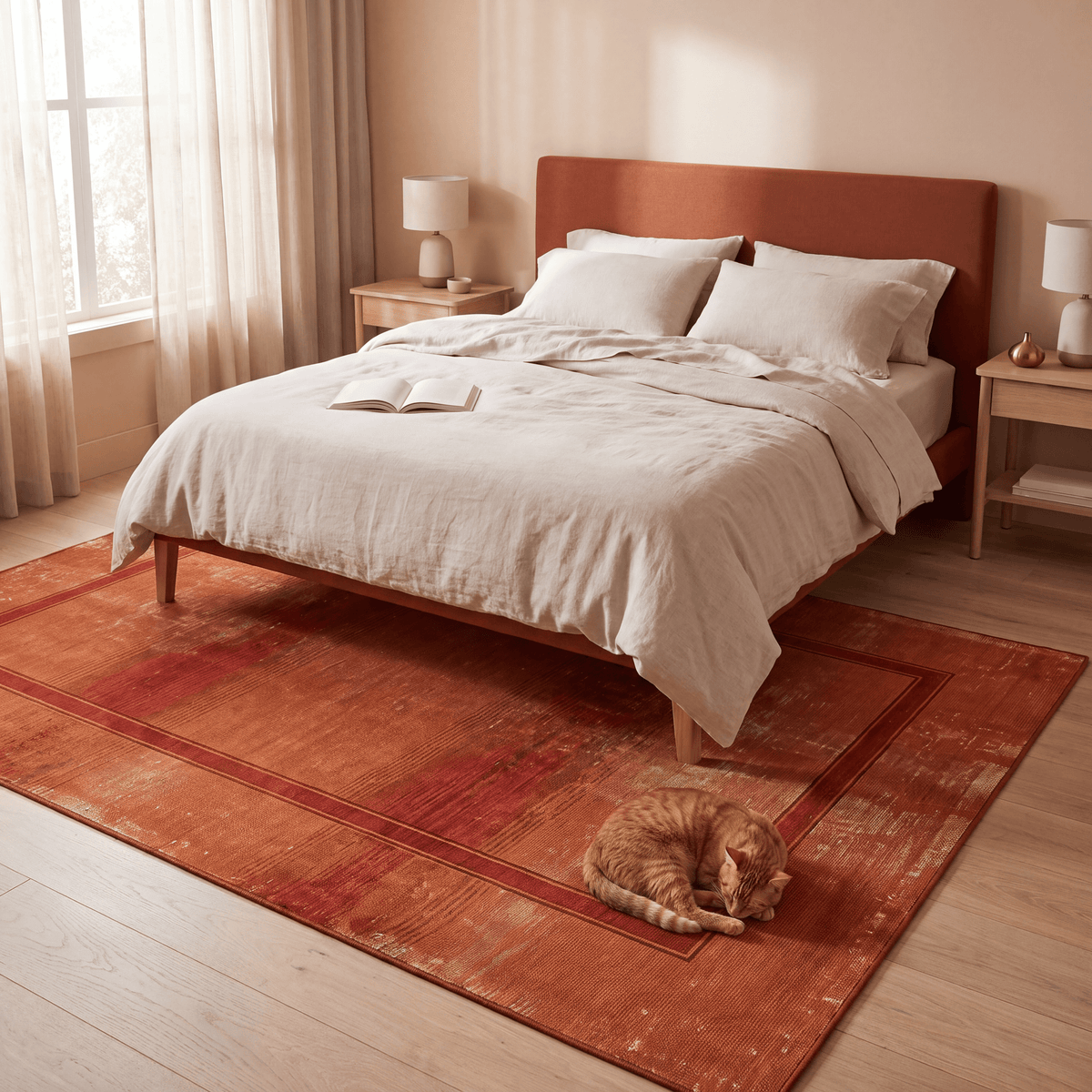 The rug at the foot of a bed with a cat asleep on it.