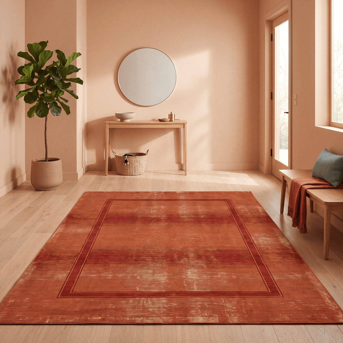 Blaeberry Modern Minimalist Border Abrash Rust Ember Sand Washable Indoor Outdoor Entryway Rug - RugzellaDigital Print RugRugzellaRugzellaBBB501-RECT-24x47-60x120cmRGZLLA151976Rectangle2' x 3'11" (60x120 cm)RECTANGLE | Blaeberry rectangle entryway
