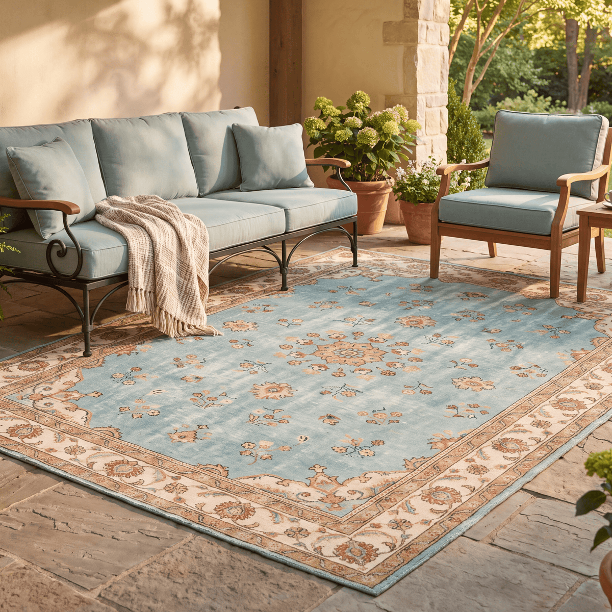 The rug laid flat on a patio beside outdoor seating.