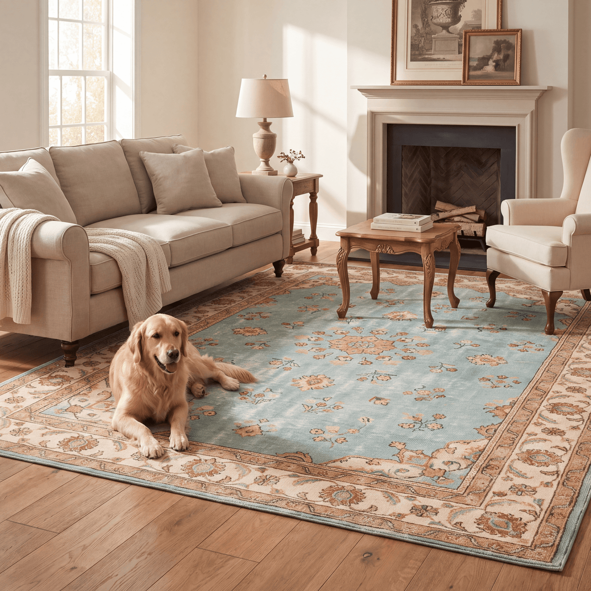 A dog resting on the rug in a living room.