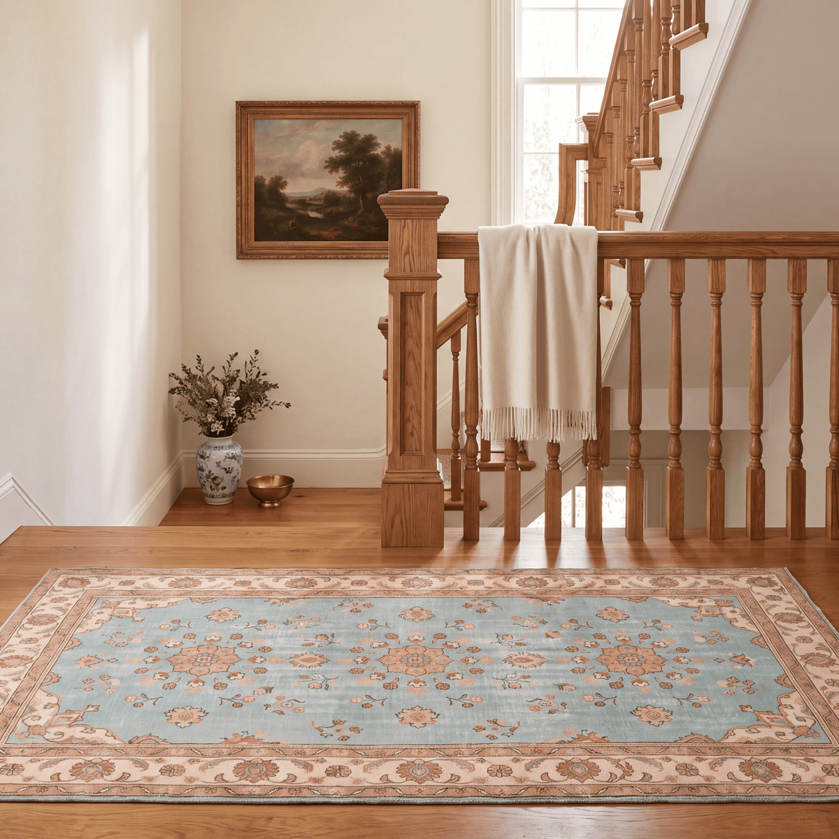 Bluff2 Traditional Medallion Border Teal Ivory Rust Washable Indoor Outdoor Entryway Rug - RugzellaDigital Print RugRugzellaRugzellaBBB407-RECT-24x47-60x120cmRGZLLA118141Rectangle2' x 3'11" (60x120 cm)RUNNER | Bluff2 runner staircase