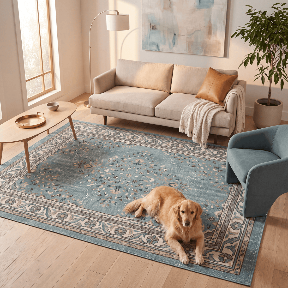 A dog resting on the rug in a living room.