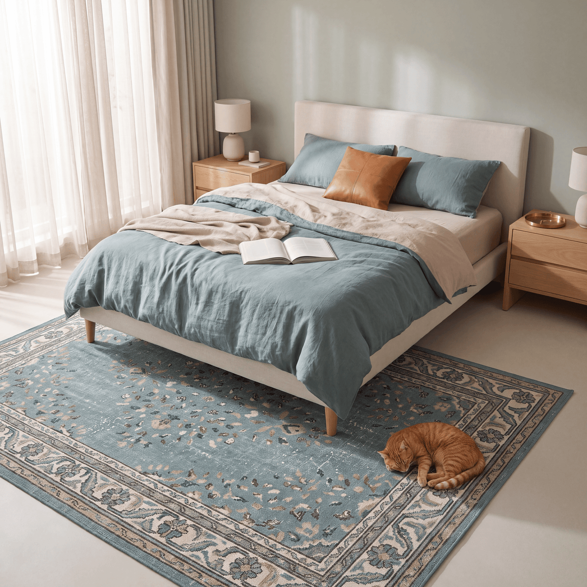 The rug at the foot of a bed with a cat asleep on it.