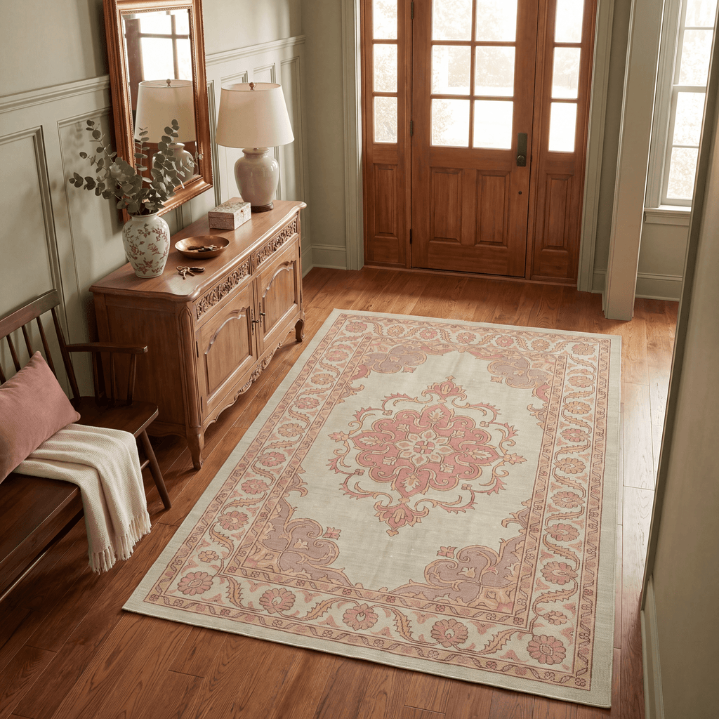 Brae Traditional Medallion Border Sage Green Ivory Rose Washable Indoor Outdoor Entryway Rug - RugzellaDigital Print RugRugzellaRugzellaBBB441-RECT-24x47-60x120cmRGZLLA126181Rectangle2' x 3'11" (60x120 cm)RECTANGLE | Brae rectangle entryway