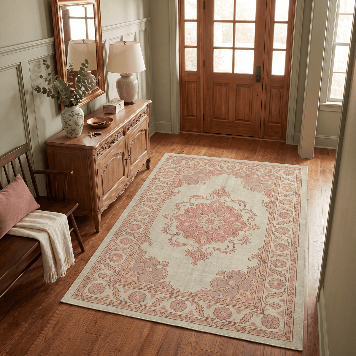 Brae Traditional Medallion Border Sage Green Ivory Rose Washable Indoor Outdoor Entryway Rug - RugzellaDigital Print RugRugzellaRugzellaBBB441-RECT-24x47-60x120cmRGZLLA126181Rectangle2' x 3'11" (60x120 cm)RECTANGLE | Brae rectangle entryway