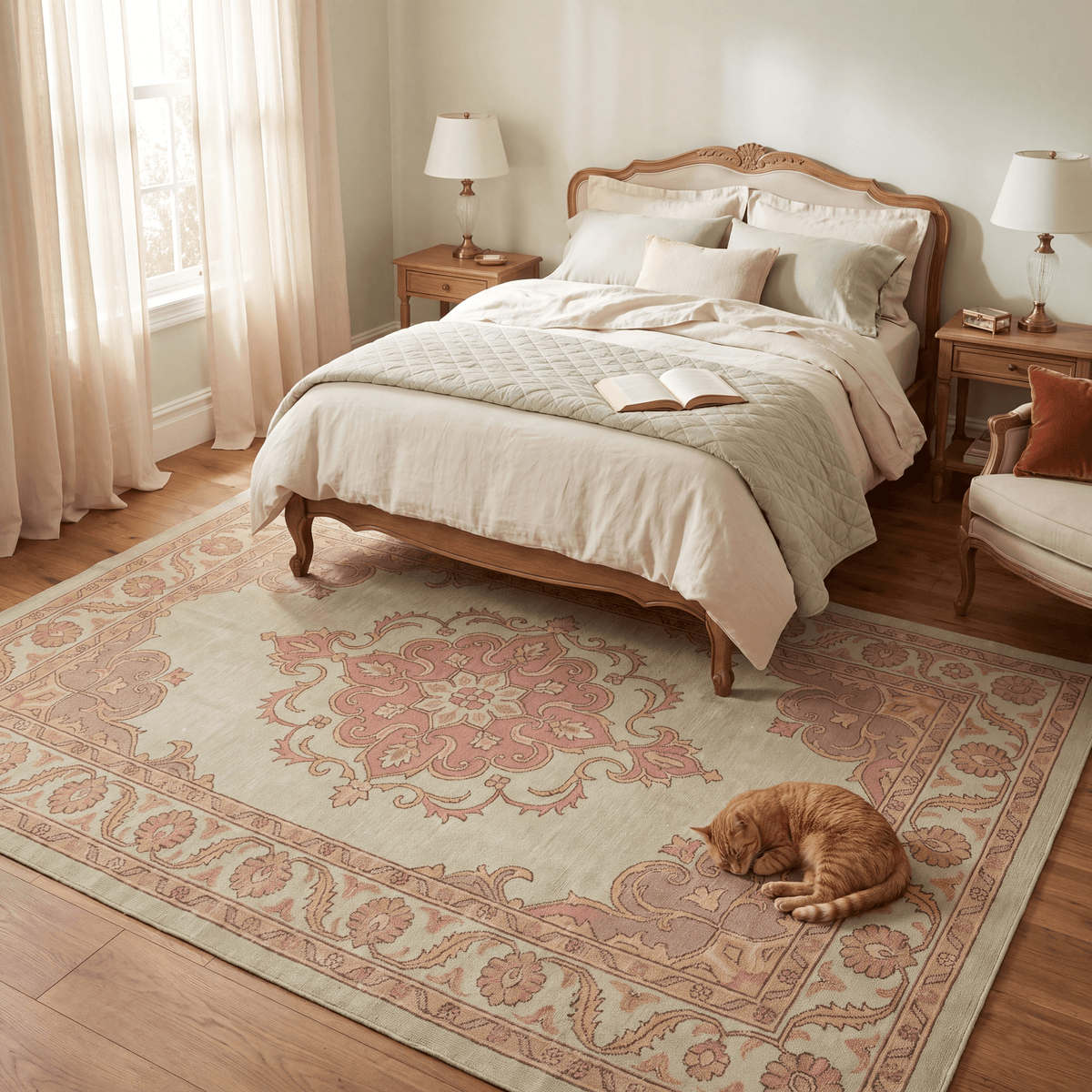 The rug at the foot of a bed with a cat asleep on it.